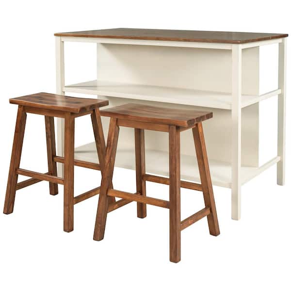 45 in. W 3-Piece Rustic Walnut Wood Top Kitchen Island Set Seats 2
