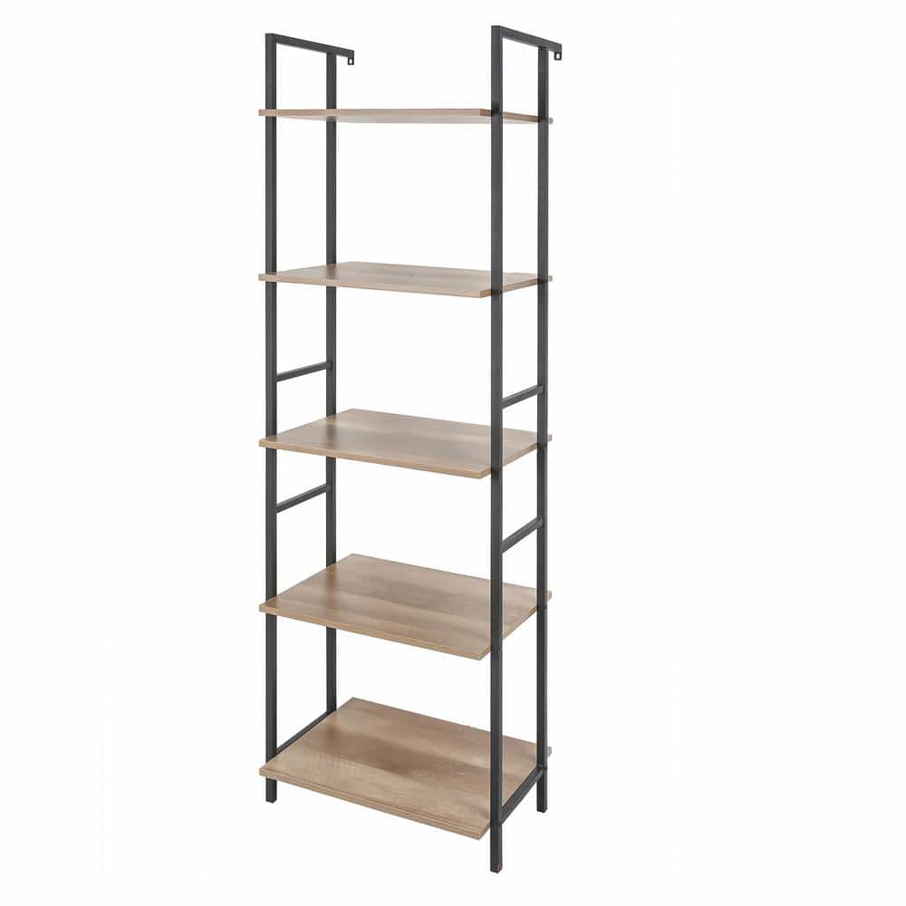 Light Oak and Black 5-Shelf Industrial Etagere Bookcase