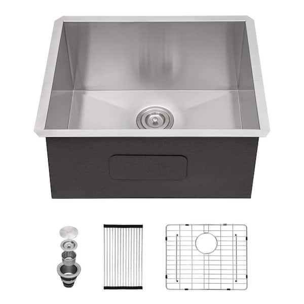 24 in. Undermount Single Bowl 16-Gauge Stainless Steel Laundry Utility Sink Kitchen Sink for Apartment with Bottom Grid