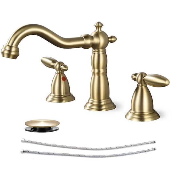 Double handle 8 in. Widespread Bathroom Faucet 3-Hole Bathroom Sink Faucet in Brushed Gold