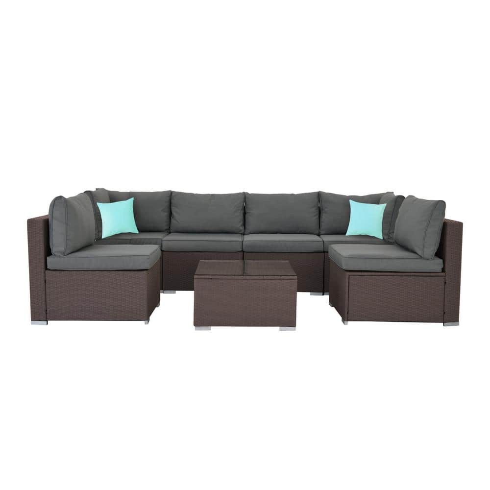 7-Piece Wine Red Wicker Patio Outdoor Sectional Sofa Set with Grey Cushions