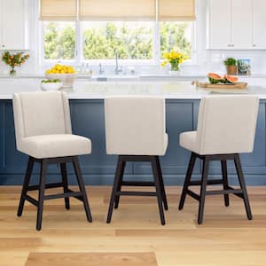 Joyce 26 in. Linen Fabric Upholstered Swivel Bar Stool with Solid Wood Leg High Back Counter Bar Stool (Set of 3)