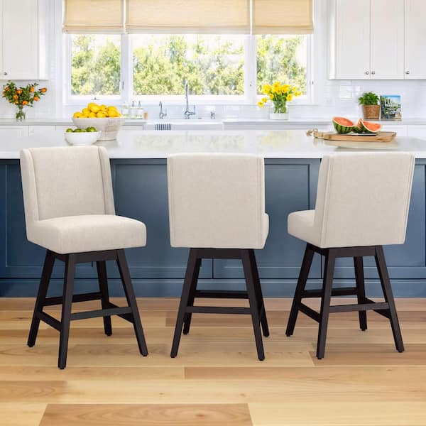 LUE BONA Joyce 26 in. Linen Fabric Upholstered Swivel Bar Stool with Solid Wood Leg High Back Counter Bar Stool (Set of 3)