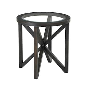 22.13 in. Black Small Round Solid Wood Base Transparent Glass Top Outdoor Coffee Table