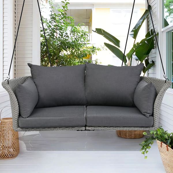 Cesicia 51.9 in. W 2-Person Gray Wicker Rattan Patio Swing Chair with Dark Gray Cushions