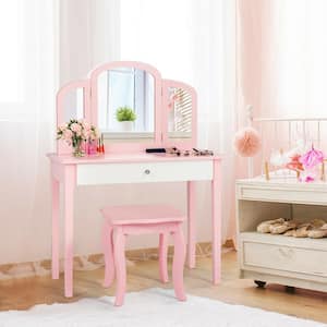 Pink Kids Vanity Princess Make Up Dressing Table with Tri-folding Mirror and Chair