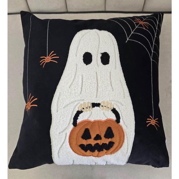 Red, White and Black 20 in. x 20 in. Halloween Ghost with Pumpkin Bucket Throw Pillow