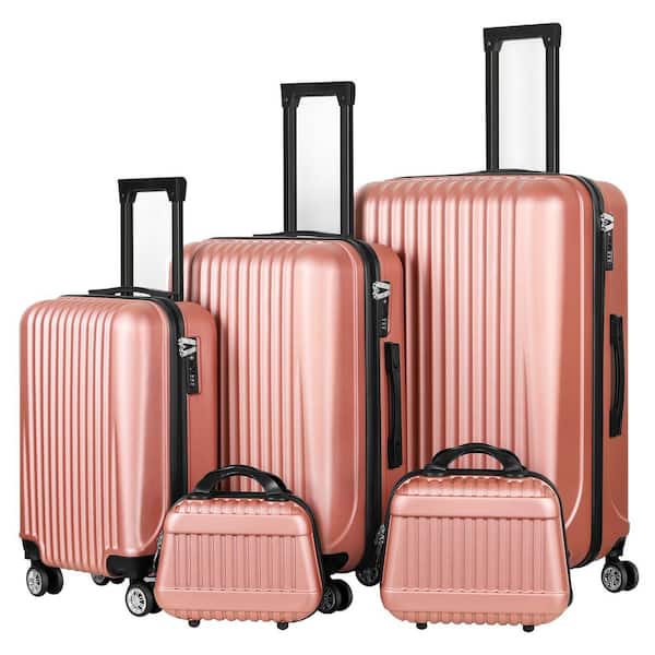 HIKOLAYAE 5-Piece Set of Lightweight Rolling Hardside and Checked Luggage Set with Spinner Wheels, Rose Gold
