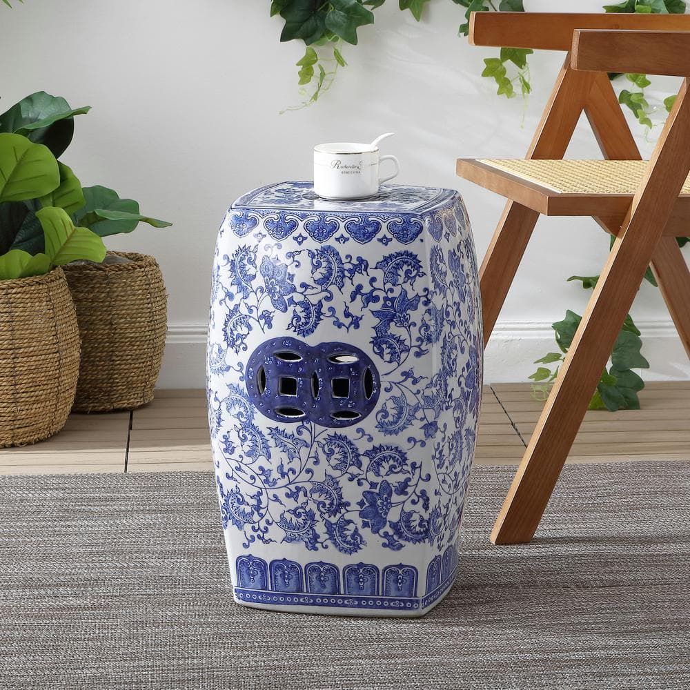 Chic Blue and White Chinoiserie Ceramic Square Garden Stool