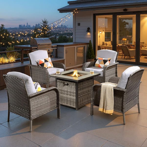 Citrus 5 Pieces Wicker Outdoor Patio Square Fire Pit Set with Gray Cushions