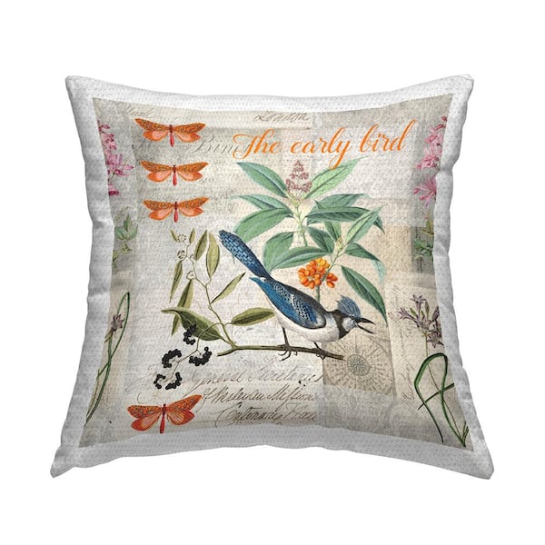 The Early Bird Woodland Collage Multi-Color Square Outdoor Throw Pillow