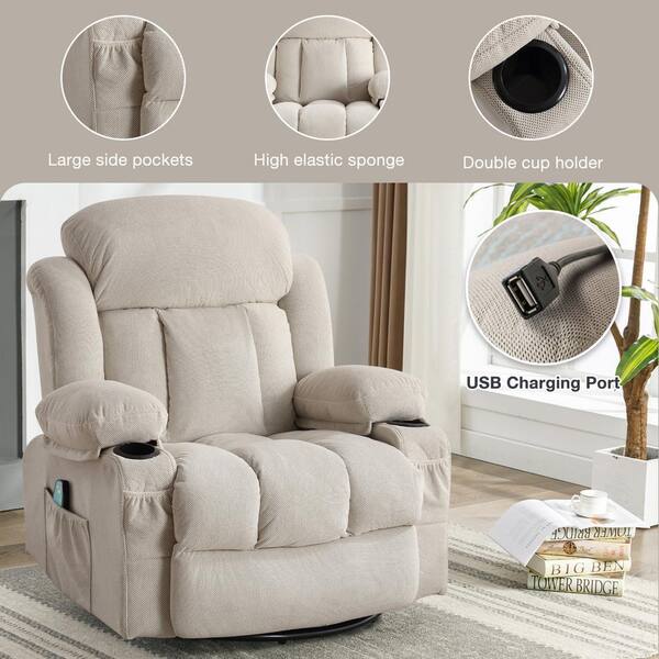 Z-joyee Beige Velvet Recliners Massage Heated Reclining with USB
