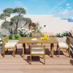 5-Piece Wood Outdoor Dining Set with Thick Cushions, Multi-person Acacia Wood Dining Table and Chair Set, Beige Cushions