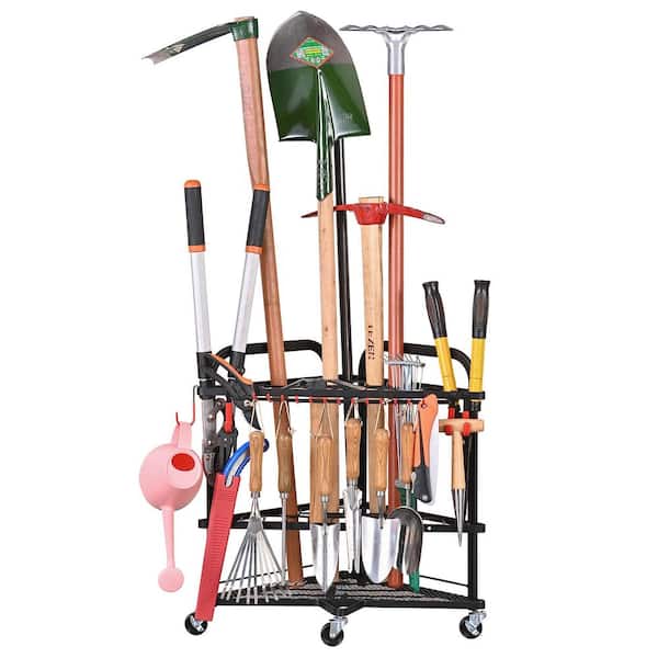 31-Slot Steel-Wheeled Garden Tool Storage Rack