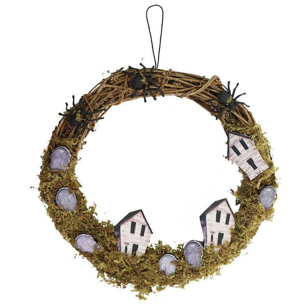 15 in. Natural Grapevine Halloween Wreath with Spiders, Tombstones, and Haunted Houses