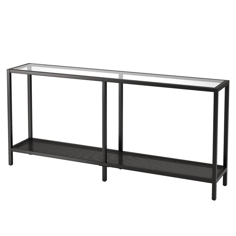 Blackened Bronze 64" Metal and Glass Console Table with Shelves