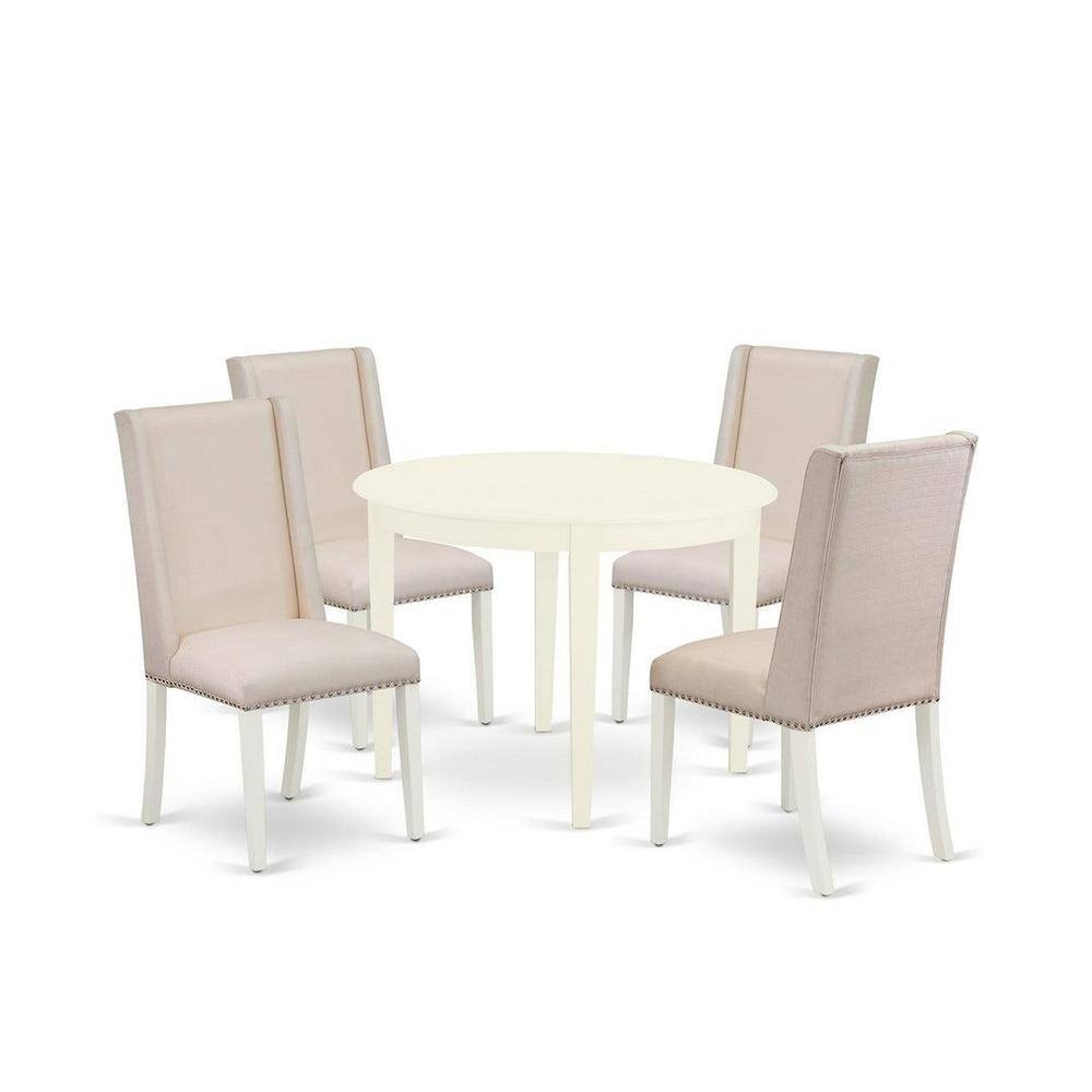 Linen White Modern 5-Piece Round Dining Set with Fabric Chairs