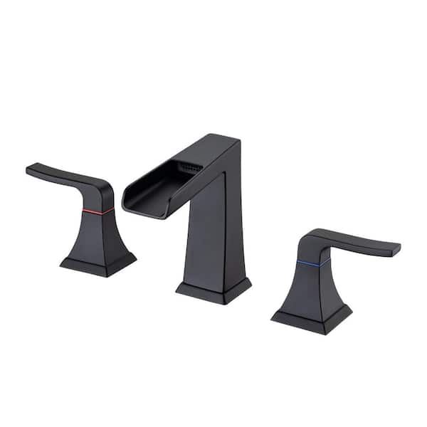 Lukvuzo 8 in. Widespread Double Handle Low Arc Bathroom Faucet with Drain Kit Included and Easy to Install in Matte Black