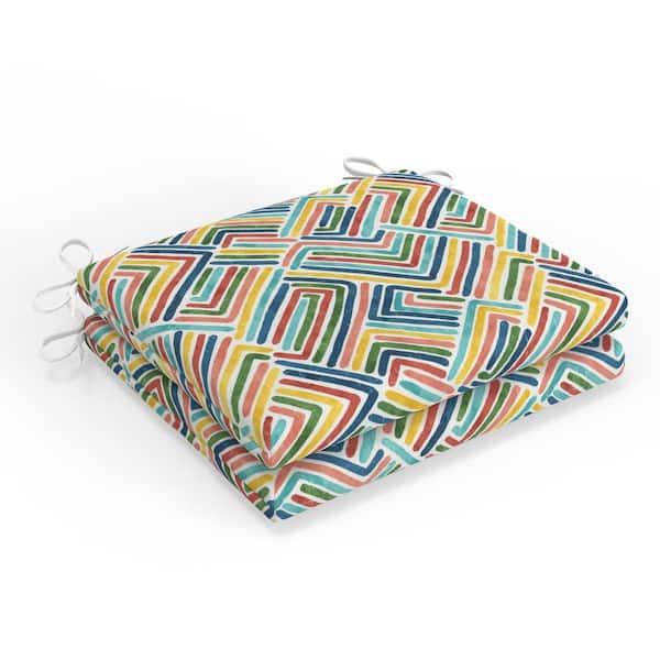 Pillow Perfect Geometric 18.5 in W x 3 in H Square Outdoor Chair Pad Cushion with Ties 2-Count in Estie Multi