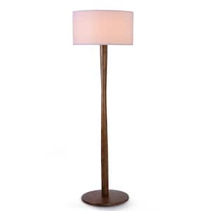 Solara 61 in. Walnut 1-Light Floor Lamp with Solid Wood Body and White Fabric Drum Shade