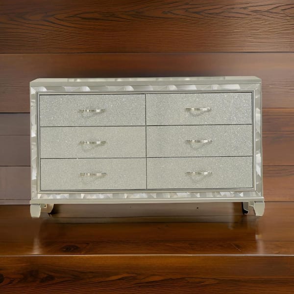 Benjara Silver and Chrome 6-Drawer 65.38 in. W Dresser Without Mirror