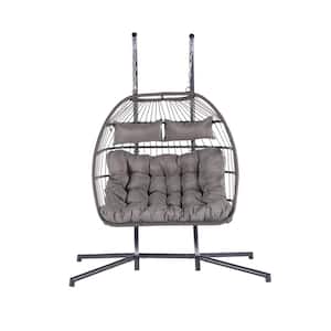 2 Person Gray Wicker Porch Egg Swing Chair with Light Gray Cushion and Stand