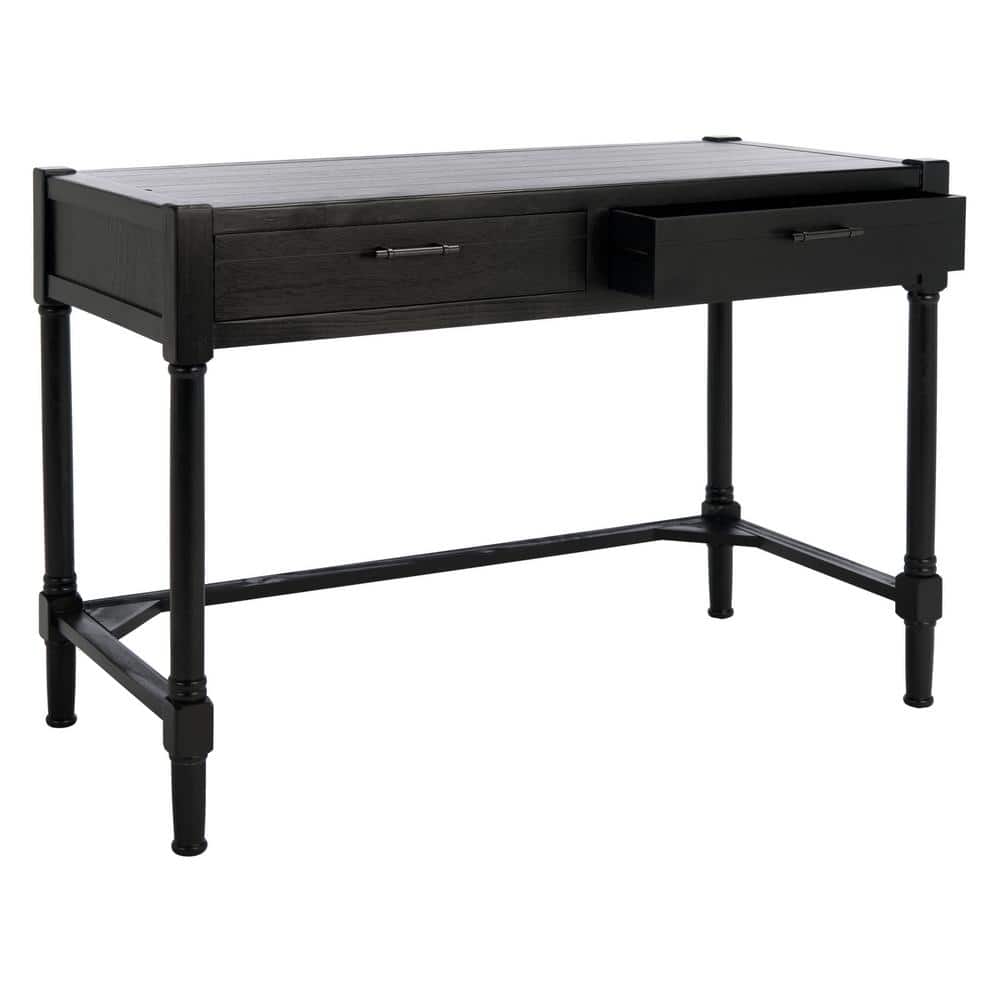 Elegant Carved Black Wood Writing Desk with Dual Storage Drawers