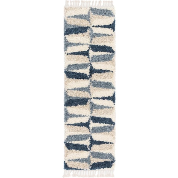 Unique Loom Hygge Shag Balanced Blue 2 ft. 7 in. x 8 ft. 2 in. Runner Rug