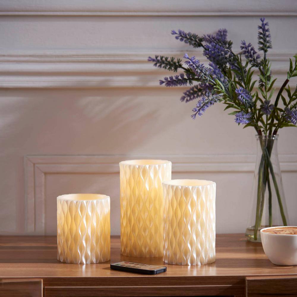 Pearlescent Ivory Wavy Texture LED Candles ((Set of 3))
