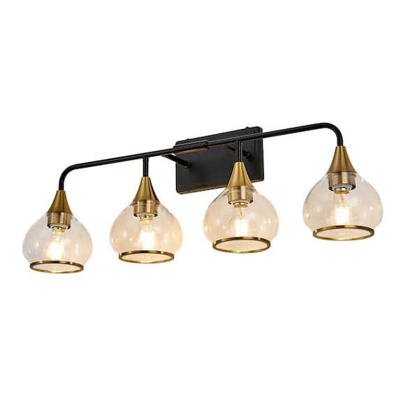 30.9 in. 4-Light Black and Gold Vanity Light with Clear Glass Shade