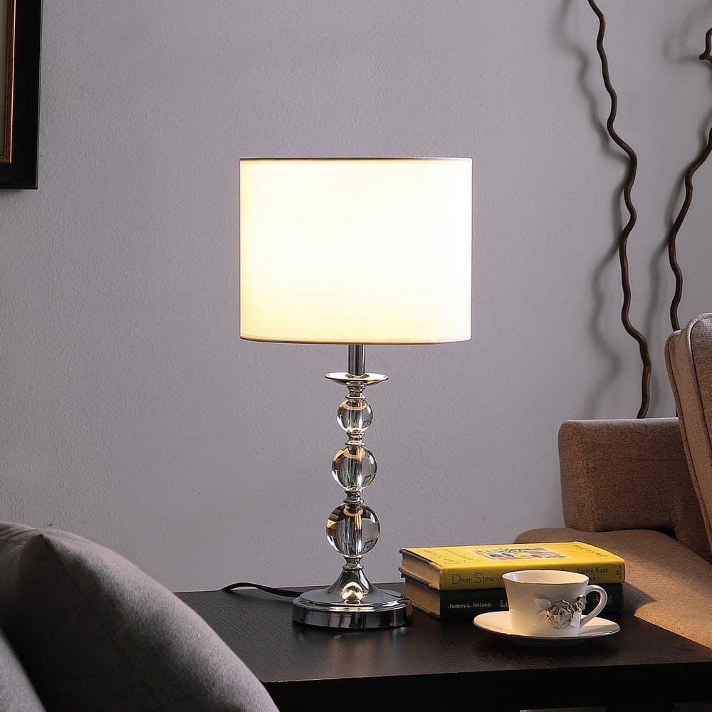 19.75" White Linen Drum Shade Crystal Orbs Table Lamp