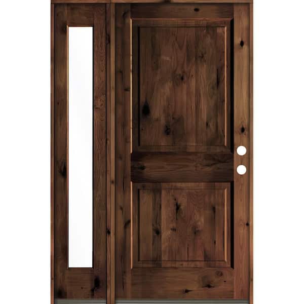 Krosswood Doors 50 in. x 80 in. Rustic knotty alder Left-Hand/Inswing Clear Glass Red Mahogany Stain Wood Prehung Front Door w/Sidelite
