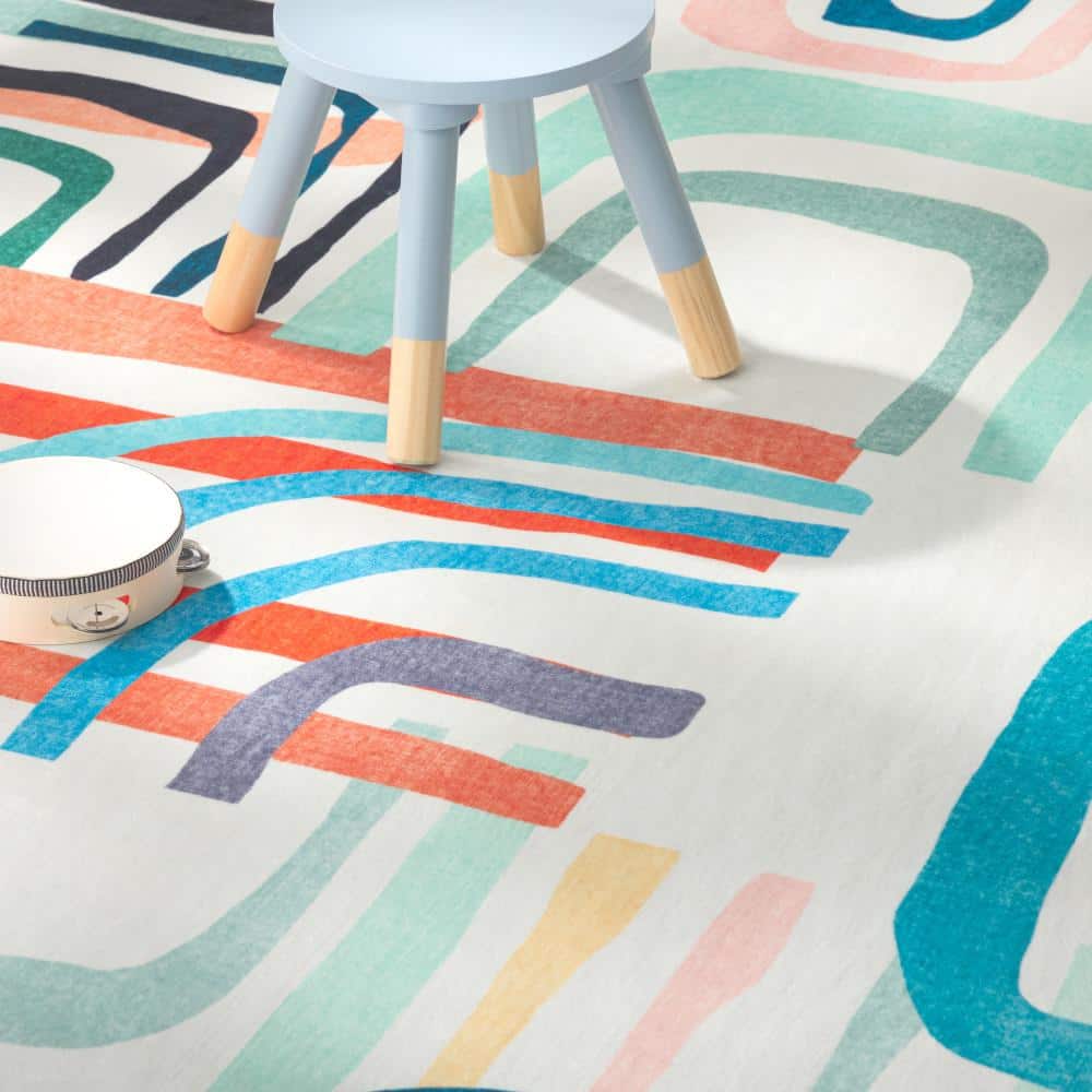 Blue Multicolor Synthetic 5' x 7' Washable Kids Area Rug