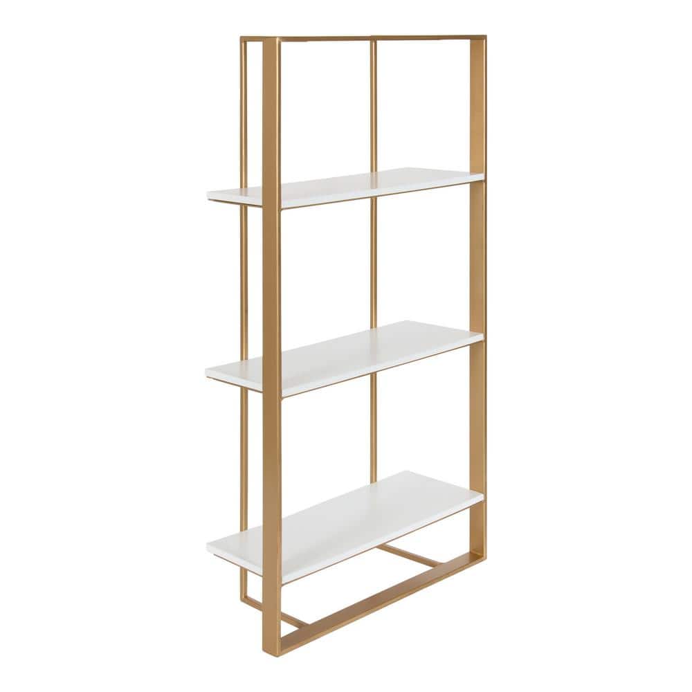 White and Gold Floating Wood Wall Shelf, 32 Inch