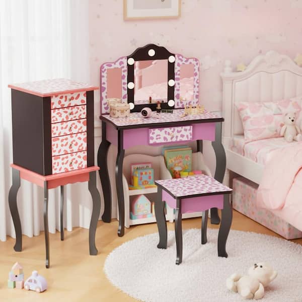 Kids MDF Vanity Table Set in Purple Makeup Vanity Set with 1 Drawer with 3-Color Dimmable LED Bulb
