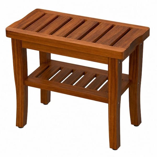 Waterproof Teak Shower Bench, Shower Stool in Teak with Storage Shelf, Bathroom Shower Seat for Adults Elderly