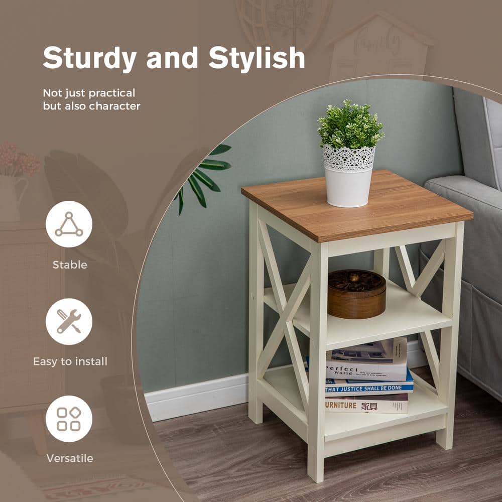 Ivory White MDF Modern 16 in. Accent Square End Table with 3-Tier Side Table (2-Sets) - thumbnail 2