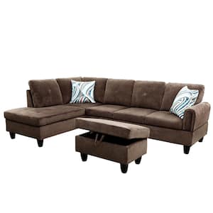 StarHomeLiving 66.5 in. W Round Arm 3-Piece Linen Rectangle Sectional Sofa in Brown