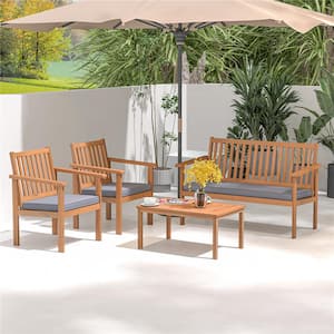 Grey 4-Piece Wood Patio Conversation Set with Loveseat, 2 Chairs and Coffee Table for Porch