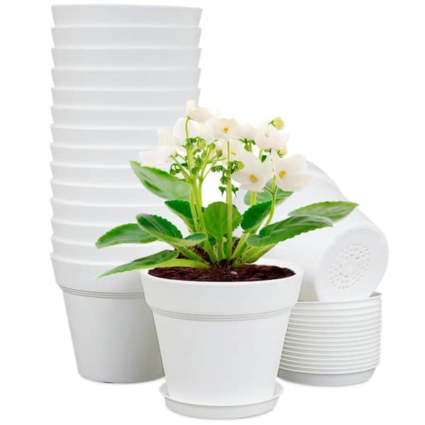 6 in. Plastic Nursery Pots with Drainage and Saucers White 16-Pack