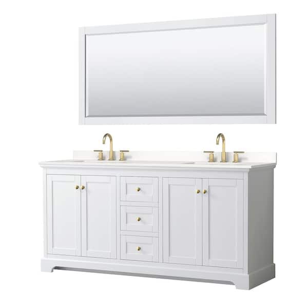 Wyndham Collection Avery 72 in. W x 22 in. D x 35 in. H Double Bath Vanity in White with White Quartz Top and 70 in. Mirror