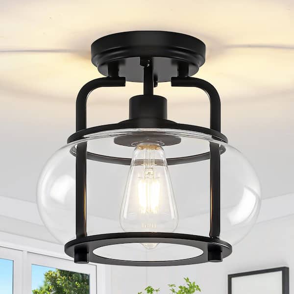 ZSMIHDOH 1-Light Black Modern Glass Drum Semi Flush Mount Ceiling Light Fixture For Dinning Room