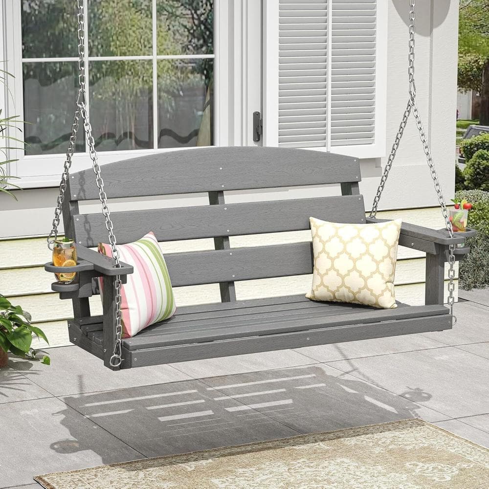 2-Person Gray HDPE Outdoor Porch Hanging Swing with Cup Holders, All-Weather Patio Swing for for Patio, Backyard price history on PriceWatchPro