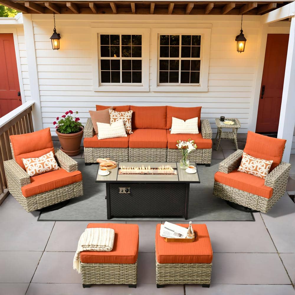 Tiberte Gray 9-Piece Wicker Patio 54 in. Rectangle Fire Pit Conversation Set with Orange Red Cushions and Swivel Chairs price history on PriceWatchPro