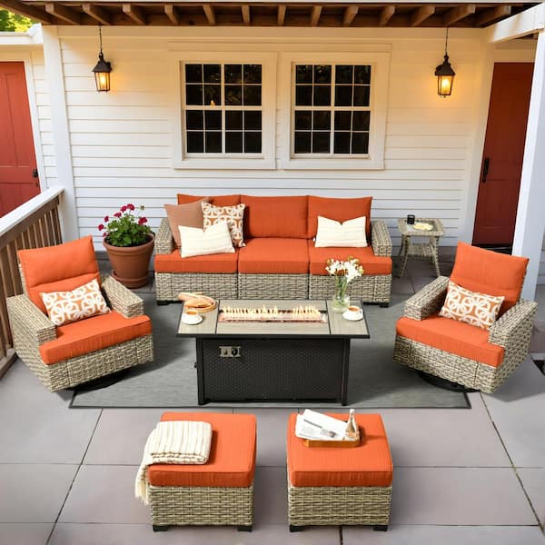 OVIOS Tiberte Gray 9-Piece Wicker Patio 54 in. Rectangle Fire Pit Conversation Set with Orange Red Cushions and Swivel Chairs