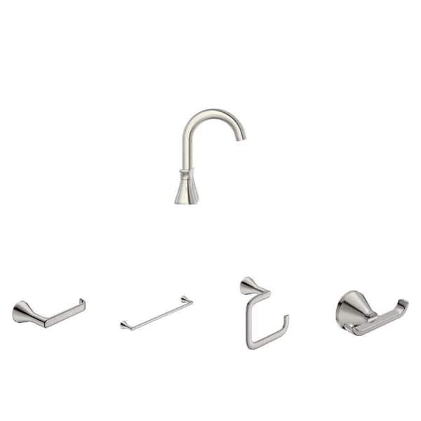 Aspirations Brushed Nickel 5-Piece Bath Set: 24 in. Towel Bar, Toilet Paper Holder, 8 in. Faucet, Towel Ring, Robe Hook