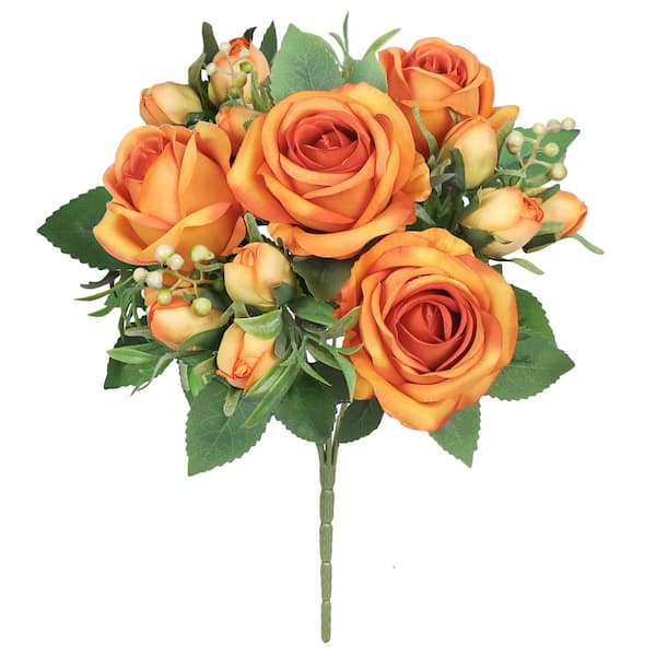 14 in. Orange Artificial Delicate Sweet Rose Flower Stem Bush Bouquet (Set of 2)