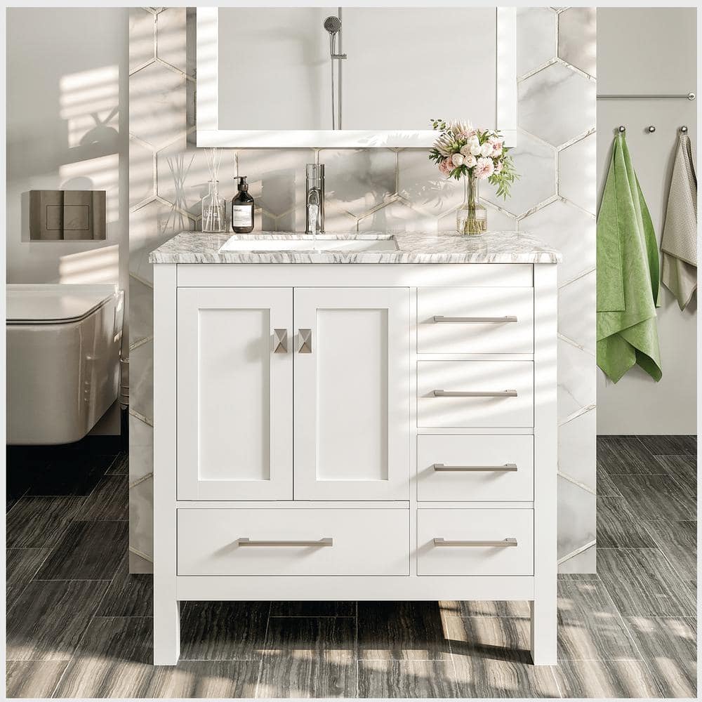 Eviva London 36 in. W x 18 in. D x 34 in. H Bathroom Vanity in White with White Carrara Marble Top with White Sink -  TVN414-36X18WH