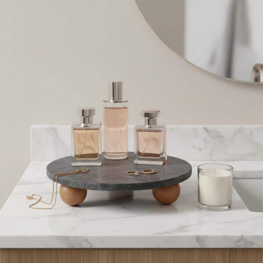 Black/Brown Round Marble 10 in. Tray with Riser
