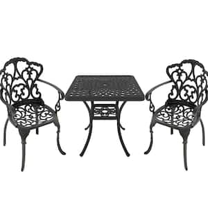 3-Piece Black Cast Aluminum Outdoor Dining Set, Patio Furniture with 30.71 in. Square Table and Random Color Cushions